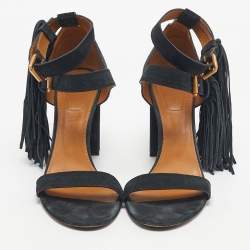 Pre Owned Chloe Navy Blue Suede Fringe Detail Ankle Strap Sandals Size 40.5