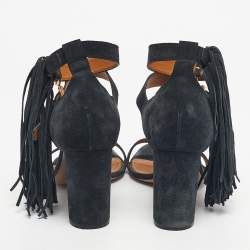 Pre Owned Chloe Navy Blue Suede Fringe Detail Ankle Strap Sandals Size 40.5