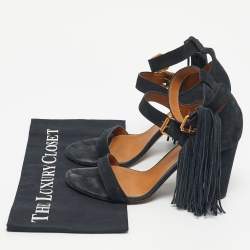 Pre Owned Chloe Navy Blue Suede Fringe Detail Ankle Strap Sandals Size 40.5
