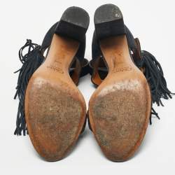 Pre Owned Chloe Navy Blue Suede Fringe Detail Ankle Strap Sandals Size 40.5