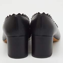 Pre Owned Chloe Black Leather Lauren Scallop Trim Block Heel Pumps Size 36.5