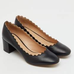 Pre Owned Chloe Black Leather Lauren Scallop Trim Block Heel Pumps Size 36.5