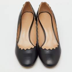 Pre Owned Chloe Black Leather Lauren Scallop Trim Block Heel Pumps Size 36.5