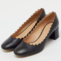 Pre Owned Chloe Black Leather Lauren Scallop Trim Block Heel Pumps Size 36.5