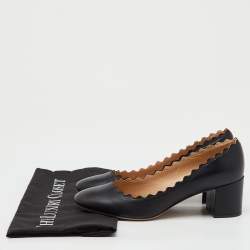 Pre Owned Chloe Black Leather Lauren Scallop Trim Block Heel Pumps Size 36.5