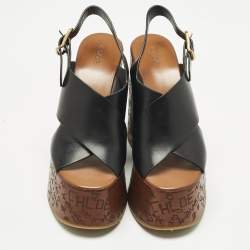 Pre Owned Chloe Black Leather Maxime Platform Wedge Sandals Size 38