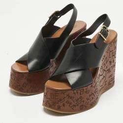 Pre Owned Chloe Black Leather Maxime Platform Wedge Sandals Size 38