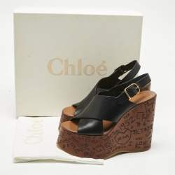 Pre Owned Chloe Black Leather Maxime Platform Wedge Sandals Size 38