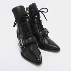 Pre Owned Chloe Black Leather Lace Up Booties Size 35