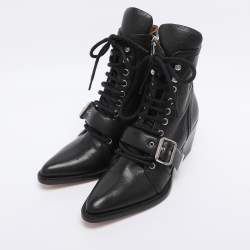 Pre Owned Chloe Black Leather Lace Up Booties Size 35