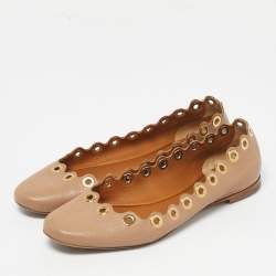 Pre Owned Chloe Beige Scalloped Leather Eyelet Detail Ballet Flats Size 36