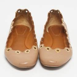 Pre Owned Chloe Beige Scalloped Leather Eyelet Detail Ballet Flats Size 36