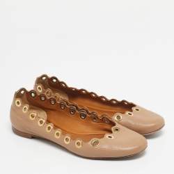 Pre Owned Chloe Beige Scalloped Leather Eyelet Detail Ballet Flats Size 36