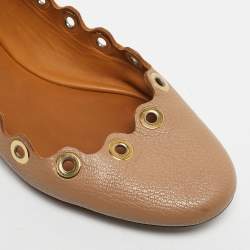 Pre Owned Chloe Beige Scalloped Leather Eyelet Detail Ballet Flats Size 36