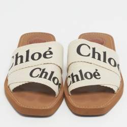 Pre Owned Chloe Cream Canvas Woody Slide Sandals Size 39