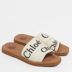 Pre Owned Chloe Cream Canvas Woody Slide Sandals Size 39