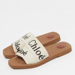 Pre Owned Chloe Cream Canvas Woody Slide Sandals Size 39