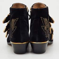 Pre Owned Chloe Black Velvet Susanna Studded Ankle Length Boots Size 37