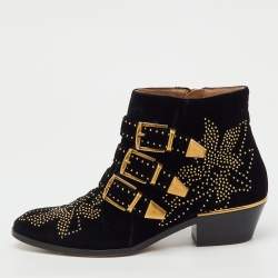 Pre Owned Chloe Black Velvet Susanna Studded Ankle Length Boots Size 37