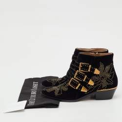 Pre Owned Chloe Black Velvet Susanna Studded Ankle Length Boots Size 37