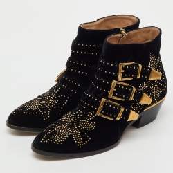Pre Owned Chloe Black Velvet Susanna Studded Ankle Length Boots Size 37
