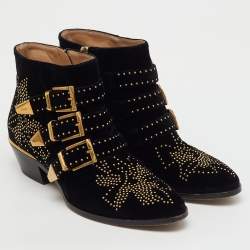 Pre Owned Chloe Black Velvet Susanna Studded Ankle Length Boots Size 37