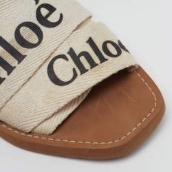 Pre Owned Chloé Off White Canvas Logo Ribbon Woody Flat Slide Sandals Size 38