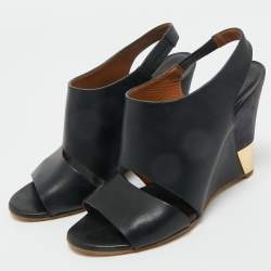 Pre Owned Chloe Black Leather Liz Wedge Slingback Sandals Size 38.5