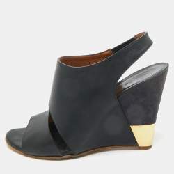 Pre Owned Chloe Black Leather Liz Wedge Slingback Sandals Size 38.5