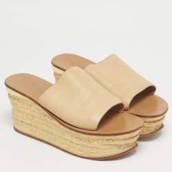 Pre Owned Chloe Beige Leather Wedge Slide Sandals Size 36