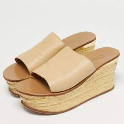 Pre Owned Chloe Beige Leather Wedge Slide Sandals Size 36