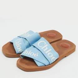 Pre Owned Chloe Blue Canvas Woody Flat Slide Sandals Size 39