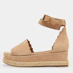 Pre Owned Chloé Beige Suede Scalloped Lauren Flatform Sandals Size 40