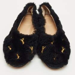Pre Owned Chloe Black Fur Horse Embroidered Ballet Flats Size 37