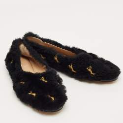 Pre Owned Chloe Black Fur Horse Embroidered Ballet Flats Size 37