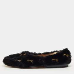 Pre Owned Chloe Black Fur Horse Embroidered Ballet Flats Size 37