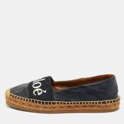 Pre Owned Chloe Black Leather and Logo Canvas Woody Espadrille Flats Size 36