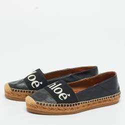 Pre Owned Chloe Black Leather and Logo Canvas Woody Espadrille Flats Size 36