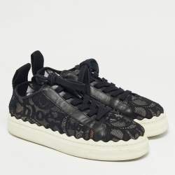 Pre Owned Chloe Black Lace and Leather Lauren Platform Low Top Sneakers Size 41
