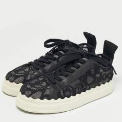 Pre Owned Chloe Black Lace and Leather Lauren Platform Low Top Sneakers Size 41