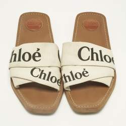 Pre Owned Chloe White Fabric Woody Flat Slides Size 41