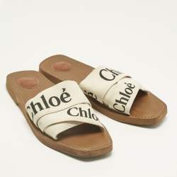 Pre Owned Chloe White Fabric Woody Flat Slides Size 41
