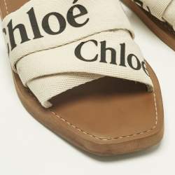 Pre Owned Chloe White Fabric Woody Flat Slides Size 41