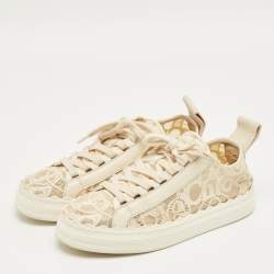 Pre Owned Chloe Cream Lace and Leather Lauren Lace Up Sneakers Size 39