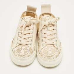 Pre Owned Chloe Cream Lace and Leather Lauren Lace Up Sneakers Size 39