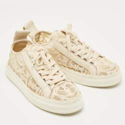 Pre Owned Chloe Cream Lace and Leather Lauren Lace Up Sneakers Size 39
