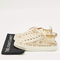 Pre Owned Chloe Cream Lace and Leather Lauren Lace Up Sneakers Size 39