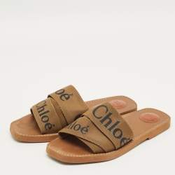 Pre Owned Chloe Brown Canvas Logo Ribbon Woody Flat Slide Sandals Size 41