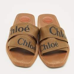 Pre Owned Chloe Brown Canvas Logo Ribbon Woody Flat Slide Sandals Size 41