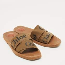 Pre Owned Chloe Brown Canvas Logo Ribbon Woody Flat Slide Sandals Size 41
